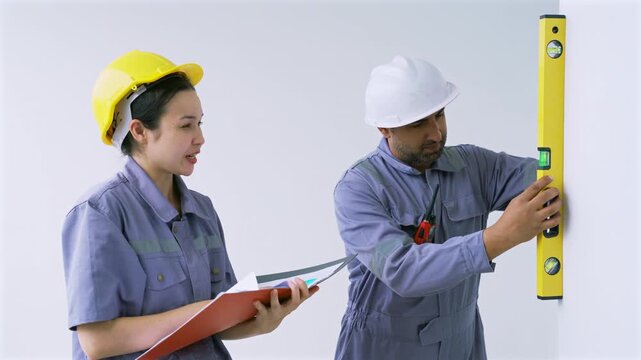 Construction workers team measuring wall accuracy at indoor site