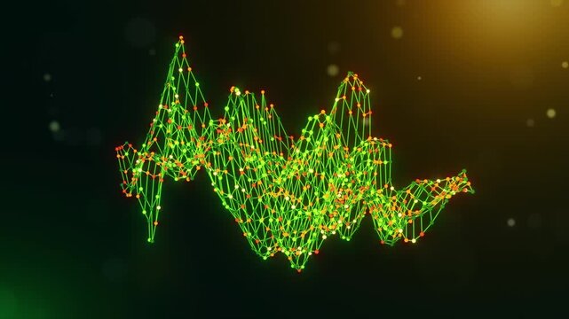 Animated Iran map reveal created from neural network nodes and flowing data connections with connected intelligence text on a glowing green yellow orange technology background.