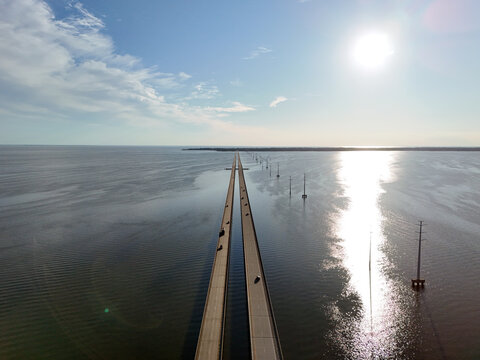 Aerial View of the Wright Memorial Bridge Spanning Currituck Sound Between Point Harbor and the Outer Banks Near Kitty Hawk and Kill Devil Hills, North Carolina