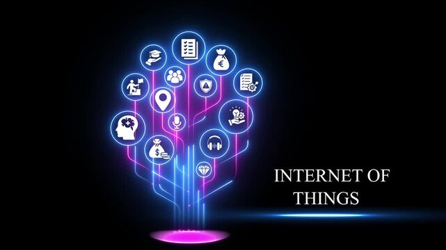 Internet of io t concept with glowing neon digital network tree and connected business internet of iot