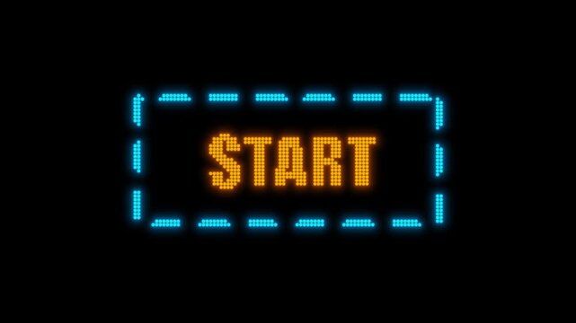 Start button animation, game start notification, digital launch display, gaming interface title, neon HUD banner, futuristic user interface motion graphic