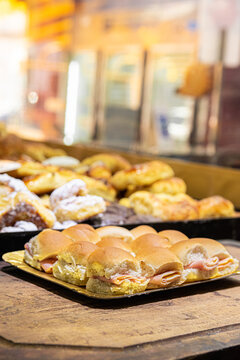 Assorted sandwich de miga in a traditional family bakery
