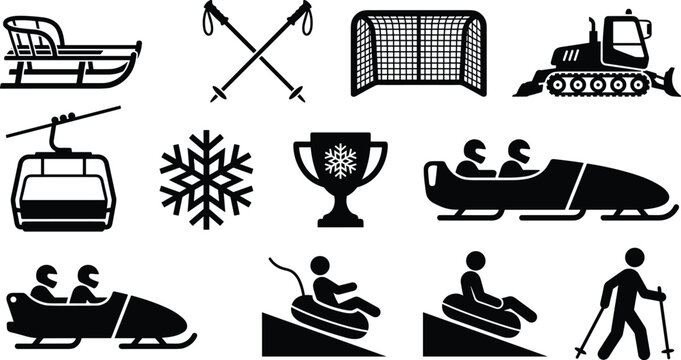 winter sports and activities black silhouette icon set vector illustration featuring bobsled snowmobile sled ski lift snow tubing and ice hockey net
