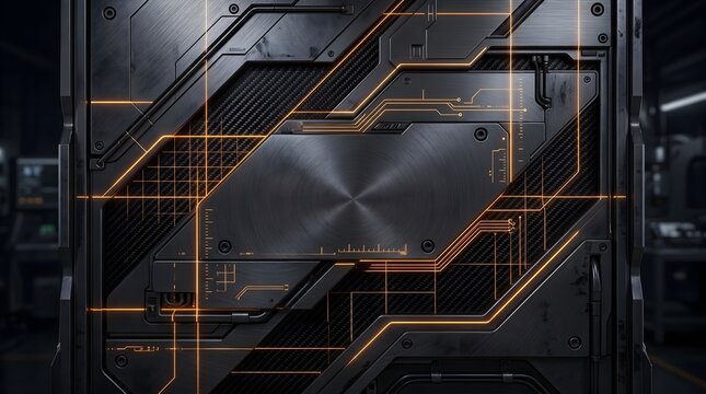 Sci-Fi Industrial Tech Metal Panel with Glowing Orange Circuit Lines