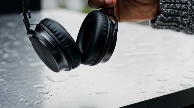Hand holding black over ear headphones on a wet outdoor table, cool muted tones suggest calm focus and everyday tech use, ideal for music listening and travel