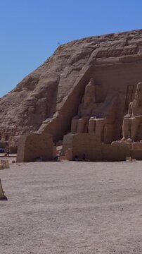 Great Abu Simbel temple of Pharaoh Ramses II in southern Egypt in Nubia next to Lake Nasser.