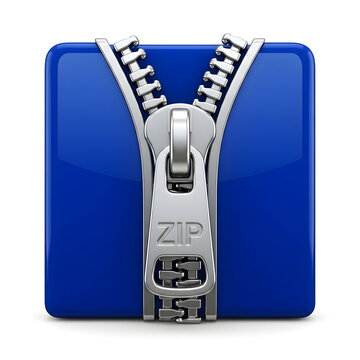 Zip fastener on a blue square box represents the concept of data compression and file archiving software used for digital storage management systems.