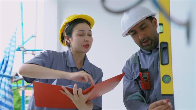 Construction workers team measuring wall accuracy at indoor site