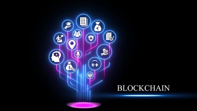 Blockchain technology digital tree with glowing neon and financial network data visualization