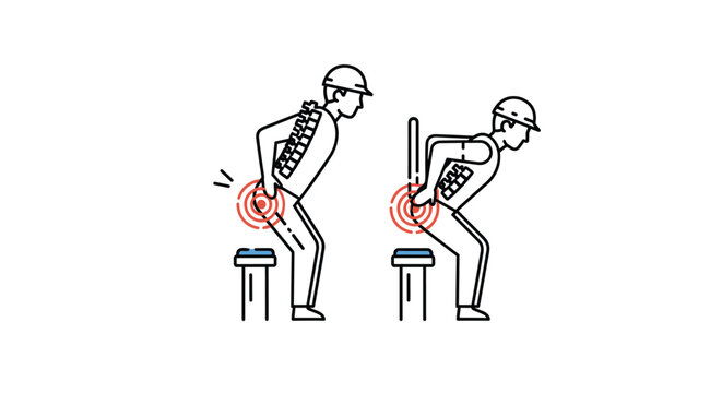Ergonomics diagram illustrating the back pain and posture issues of two workers lifting heavy objects while bent over.