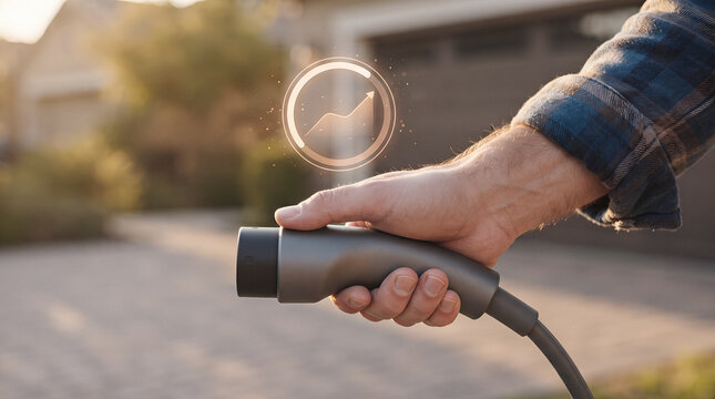 Man holding electric vehicle EV charging cable with smart energy growth hologram
