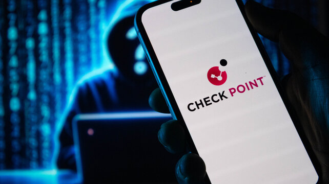 Checkpoint cybersecurity brand logo displayed on smartphone screen with digital background.