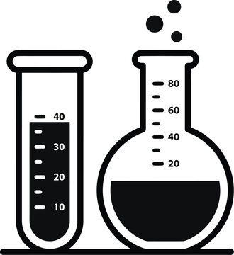 Laboratory glassware including a test tube and a round flask features black ink textures and precise measurement markings for scientific.