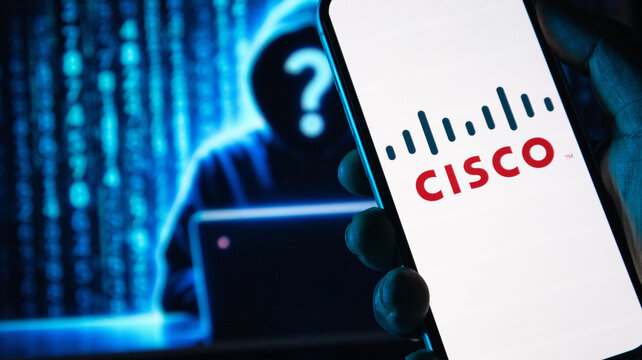 Cisco networking technology brand logo displayed on smartphone screen digital background.