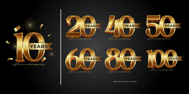 Luxury Gold Foil Anniversary Years Collection 10 20 40 50 60 80 100 Editable Vector Typography Set
