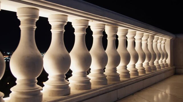 Nighttime view of illuminated balustrade on balcony