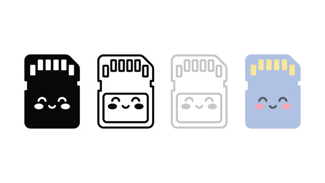 Four stylized cartoon micro SD memory cards with adorable kawaii faces and varied color designs presented side by side