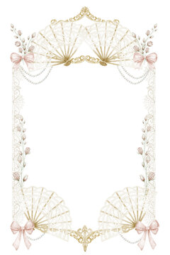 Watercolor Lace Fan Victorian vintage frame. Illustration of border with flowers and bows for wedding invitations, stationery and feminine projects in pastel colors. Baroque template.