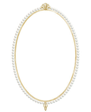 Watercolor pearl oval frame. Illustration of baroque vintage border with beads for wedding invitations, stationery and luxury feminine projects. Template for greeting cards on isolated background.