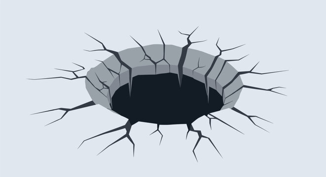 Deep circular sinkhole with cracked rocky edges leading into darkness, isolated on a light gray background.