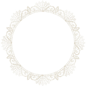 Watercolor round Lace Frame. Illustration of vintage wreath for wedding invitations, stationery and feminine branding projects. Pastel white backdrop for logo and delicate baroque greeting cards.