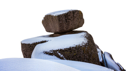 Balanced boulder rocks covered with snow © Peregrine