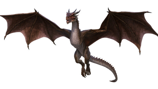 Red scaled dragon with large brown wings flying
