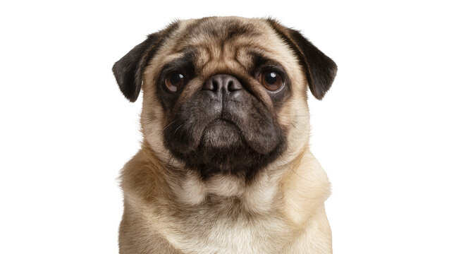 Pug dog face with fawn and black fur wrinkled muzzle, dark eyes