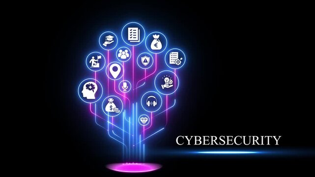 Cybersecurity concept with neon digital tree and business infographic animation technology