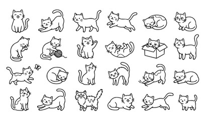 Obraz premium Black and White Hand Drawn Cat Doodle Collection with Cute Cartoon Pet Outline Vector Set