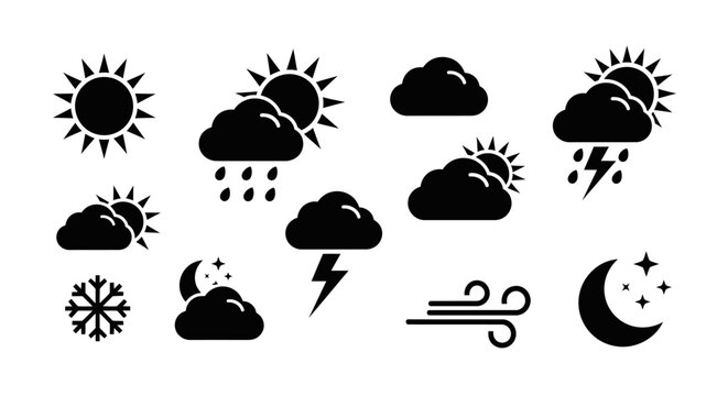 Weather icons set with sun clouds rain snow and wind symbols on white background