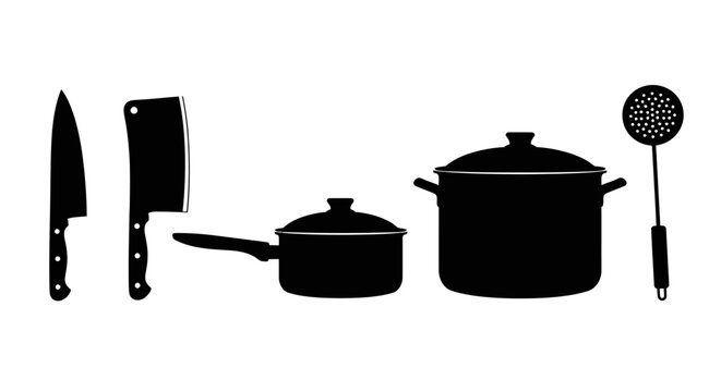 Black silhouettes of kitchen utensils and cookware on white background
