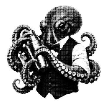 Surreal Octopus Waiter in Formal Suit Halftone Dotted Vector Illustration, Retro Pop Art Cephalopod Butler Graphic