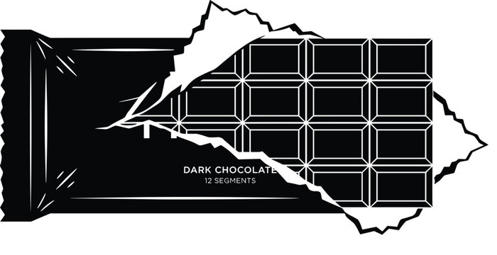Online Dark chocolate bar in torn foil plastic packaging wrapper open sweet snack vector 