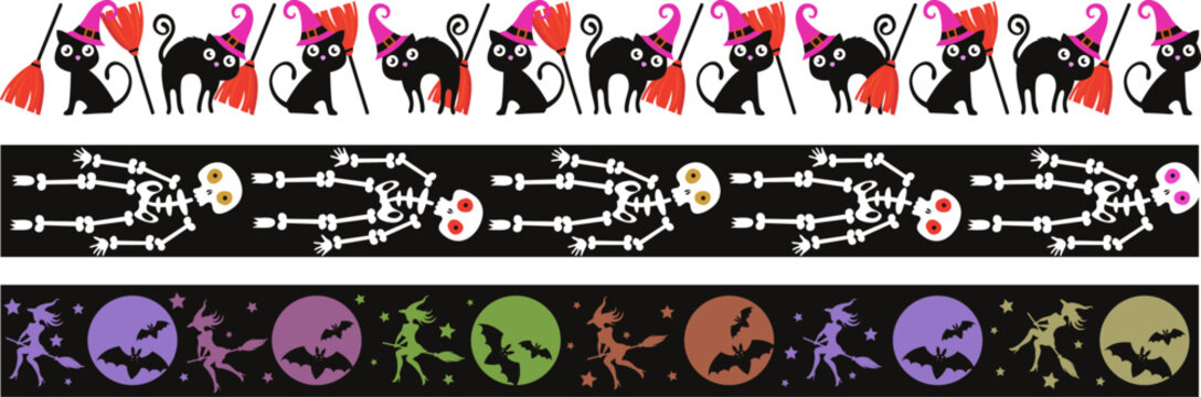 Three decorative Halloween horizontal borders featuring black cats, skeletons, and flying witches on a white and dark backdrop.