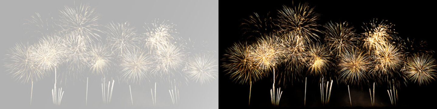 Golden holiday fireworks display with glowing pyrotechnic explosions sparkling celebration bursts party festival event light show luxury entertainment and festive effects