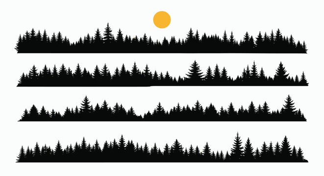Rows of black pine forest tree silhouettes under a warm orange sun representing sunset over a wilderness landscape.