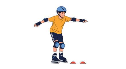 Obraz premium Young boy in a yellow shirt and blue helmet inline skating carefully on the pavement while wearing protective gear.
