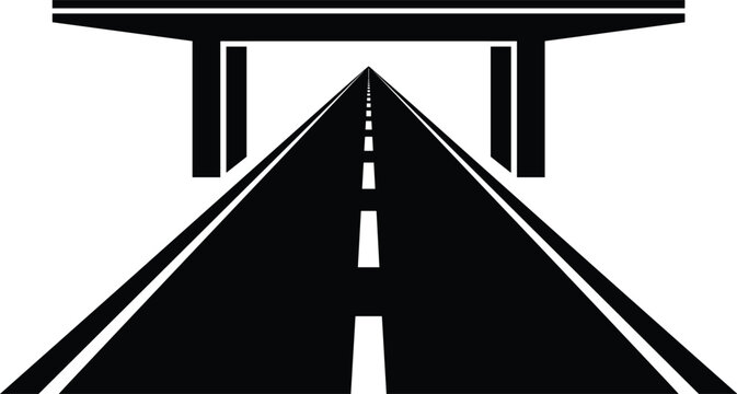 Highway road perspective extending under an overpass bridge infrastructure vector silhouette flat graphic icon design