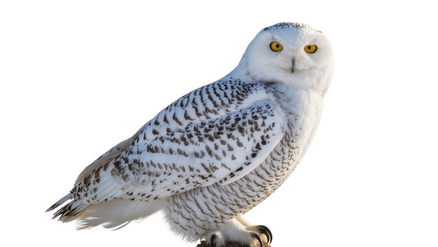 Snowy owl with bright yellow eyes and dark spots