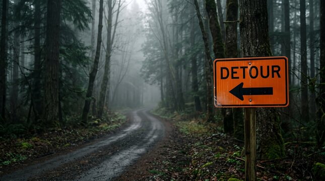 Detour traffic sign on foggy forest road indicating directional change