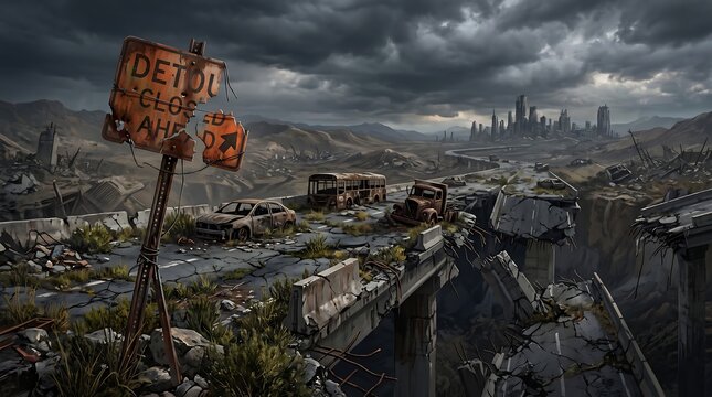 Damaged detour sign on ruined road overlooking desolate post