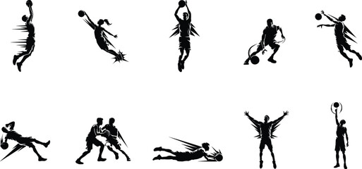 dynamic basketball player silhouette collection featuring vector elements of athletes jumping shooting slam dunking dribbling and defending during an active match  © MstMonjila