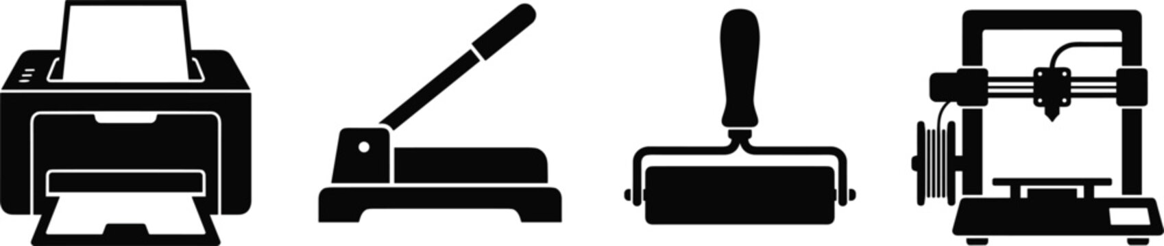 Printing Equipment Silhouette Vector Set with Desktop Printer Paper Cutter Guillotine Ink Roller and Modern 3D Printer