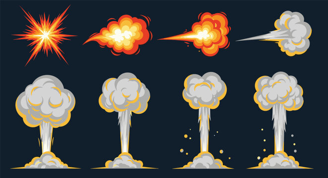 Sprite sheet of explosion effects with fire blast and smoke clouds ideal for arcade video game design and animation.