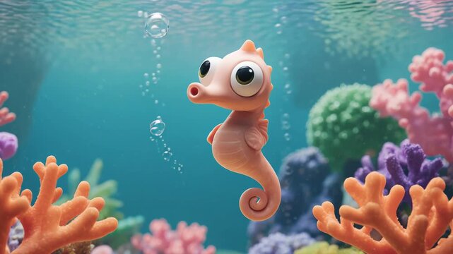 Swimming sea otter pup playful underwater with coral reef