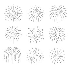 Obraz premium 花火のシンプルラインアート（線画）ベクターアイコンセット