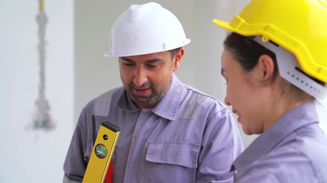 Construction colleagues discussing plans in red folder closeup