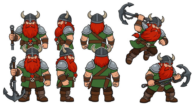 Cartoon Viking warrior character poses.