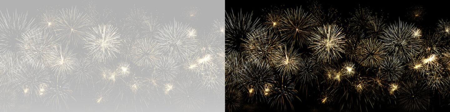 golden fireworks celebration with sparkling pyrotechnic displays glowing explosions festive holiday party event anniversary and luxury light show